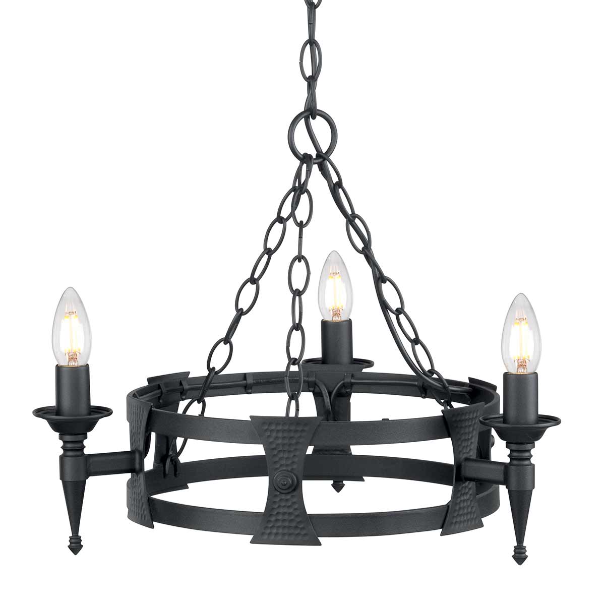 Suspension en métal noir avec trois ampoules bougies allumées et structure circulaire