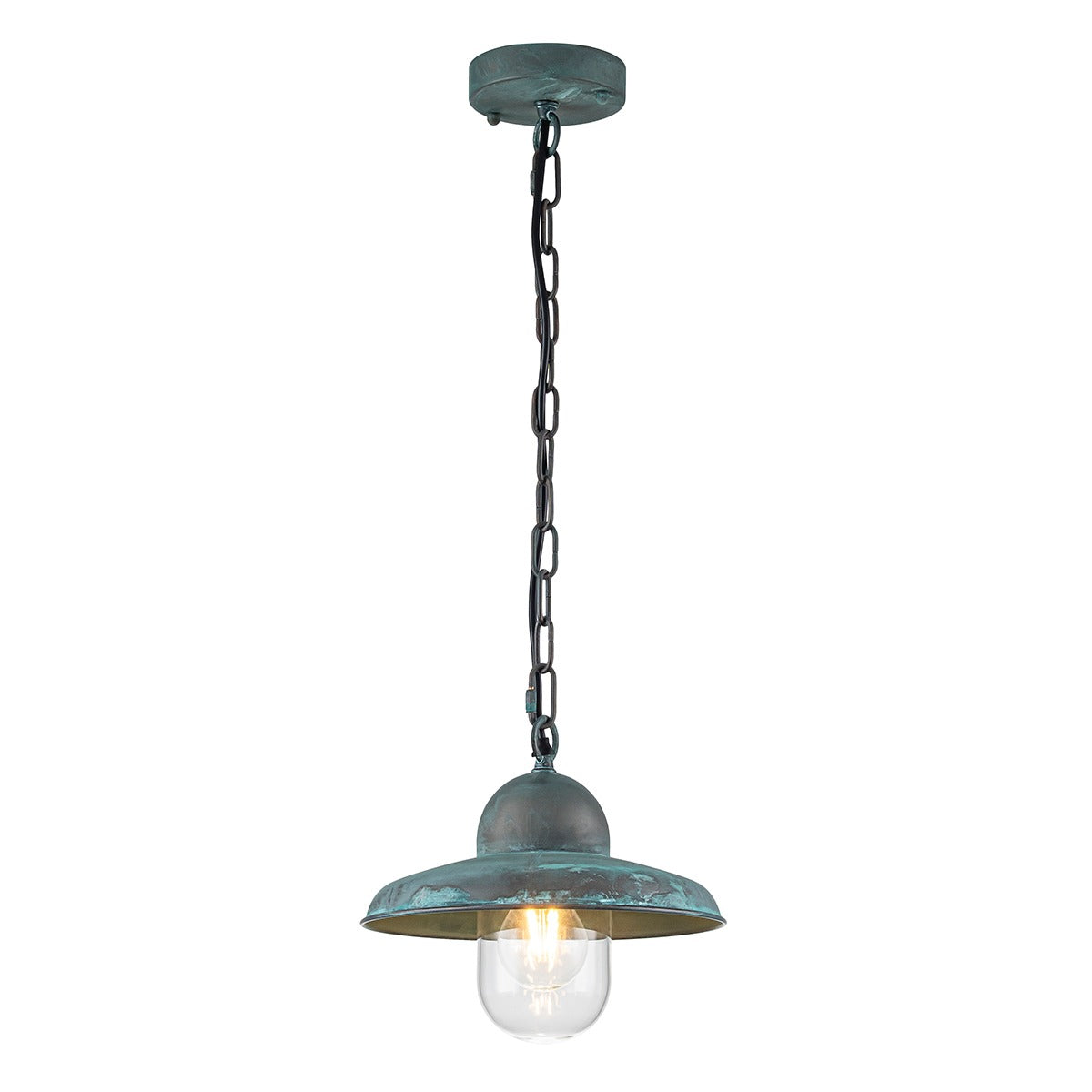 Vue d'ensemble de la suspension avec rosace de plafond, chaîne et abat-jour patiné