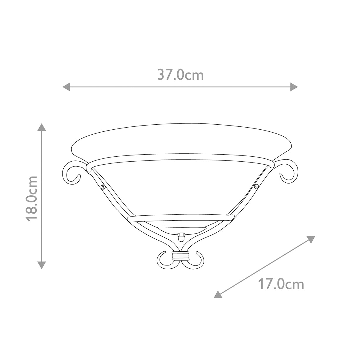 Schéma coté indiquant 37 cm de large, 18 cm de haut, 17 cm de profondeur