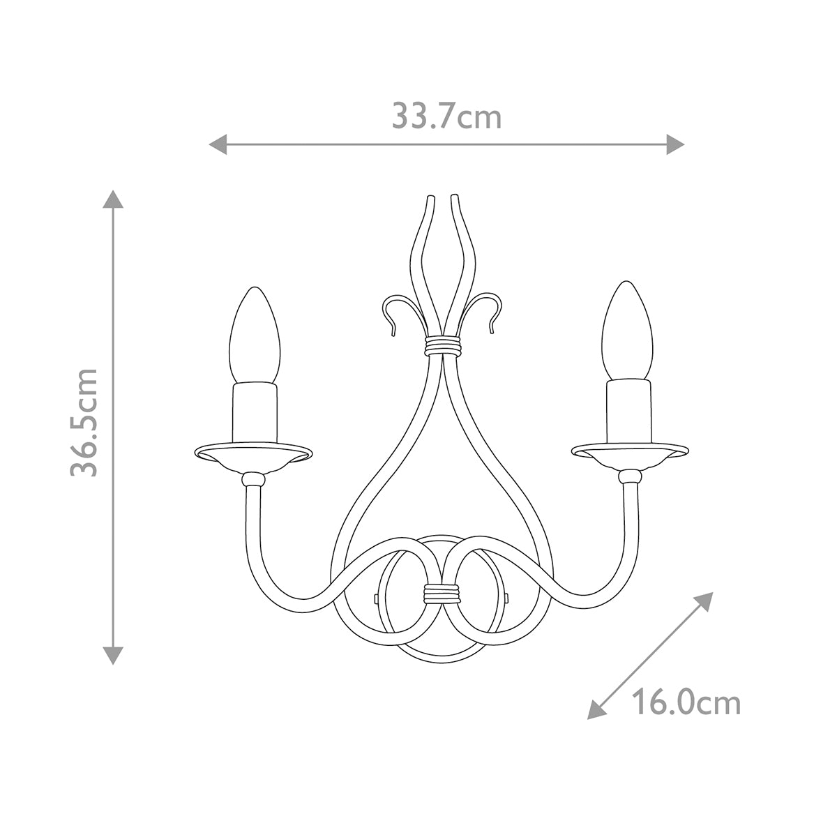 Schéma coté de l'applique : largeur 33,7 cm, hauteur 36,5 cm, profondeur 16 cm.