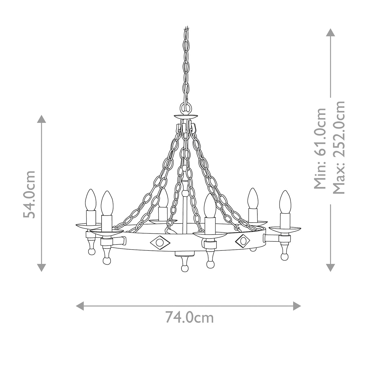 Schéma technique coté du lustre : largeur 74 cm et hauteur réglable de 61 à 252 cm.