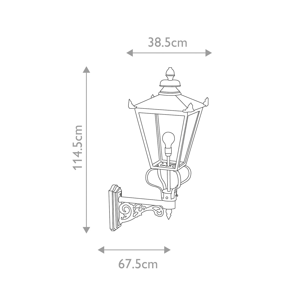 Schéma de dimensions : hauteur 114,5 cm, largeur 67,5 cm, profondeur 38,5 cm.