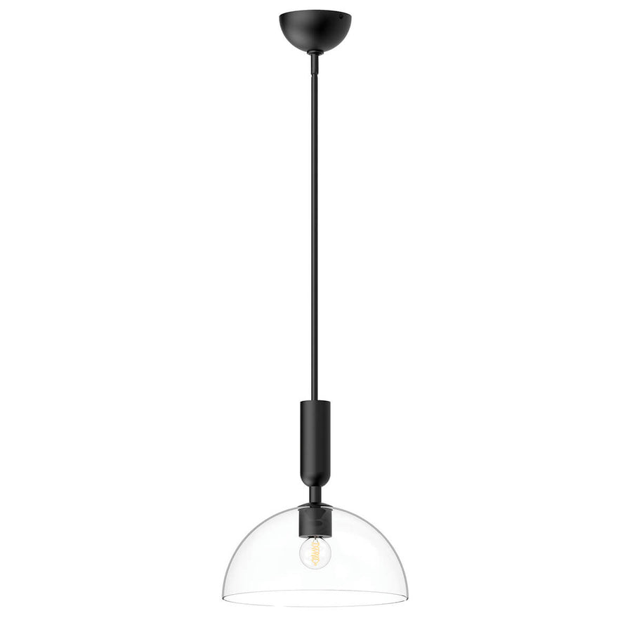 Vue en pied de la suspension noire mate avec sa tige et son verre clair.