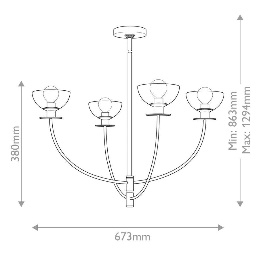 Schéma coté du luminaire avec hauteur minimale, maximale et largeur