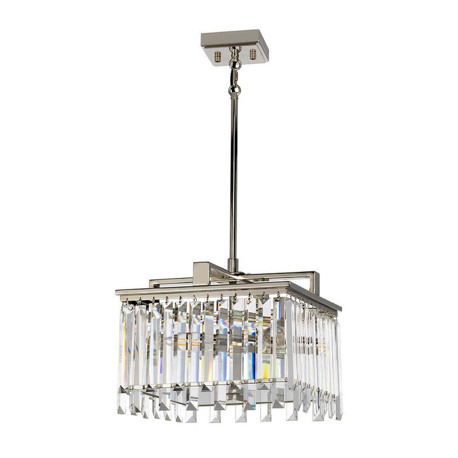 Vue d'ensemble du luminaire et de ses cristaux rectangulaires suspendus