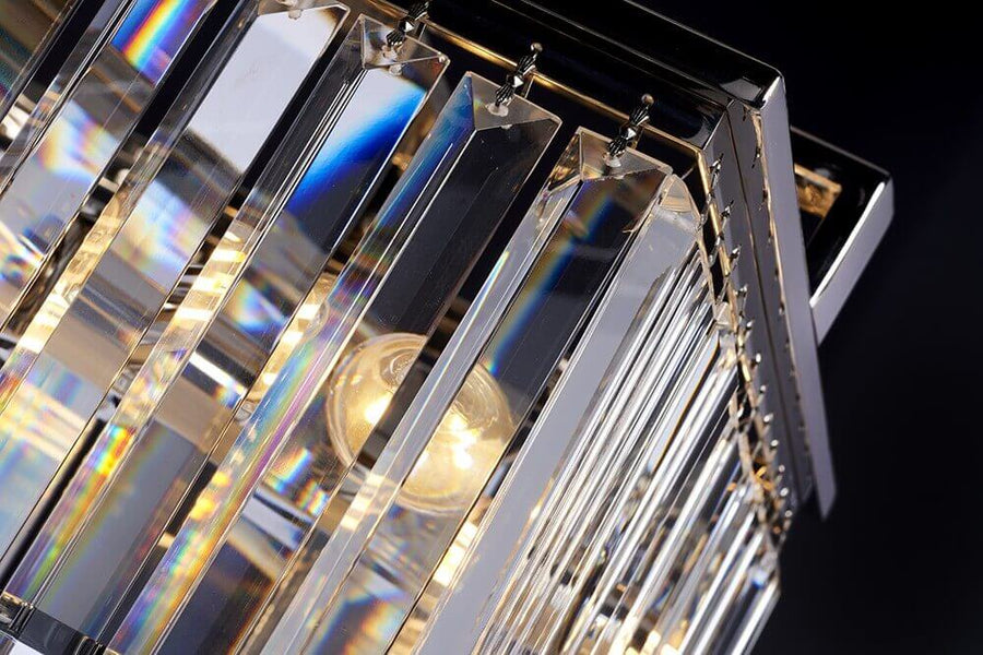Détail rapproché des prismes de cristal et de leurs reflets irisés
