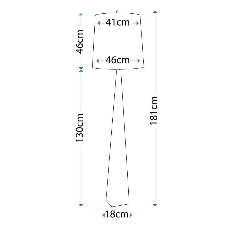 Schéma coté du lampadaire indiquant hauteur totale 181 cm et largeur abat-jour