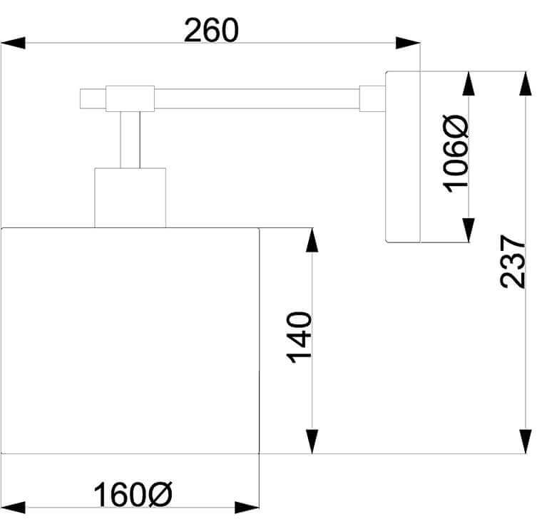 Schéma technique coté montrant la profondeur de 260 mm et la hauteur totale de 237 mm