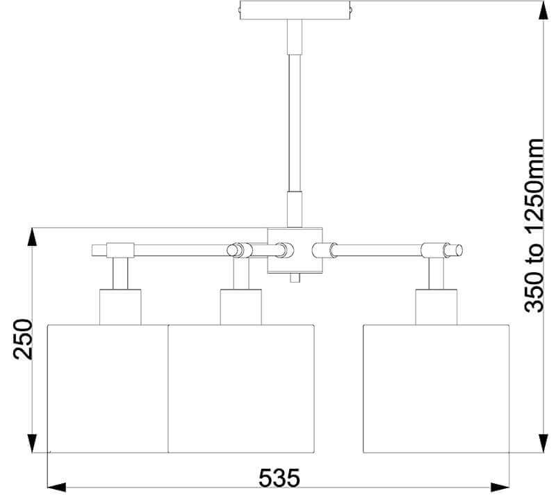 Schéma coté du luminaire indiquant hauteur réglable de 350 à 1250 mm et largeur 535 mm