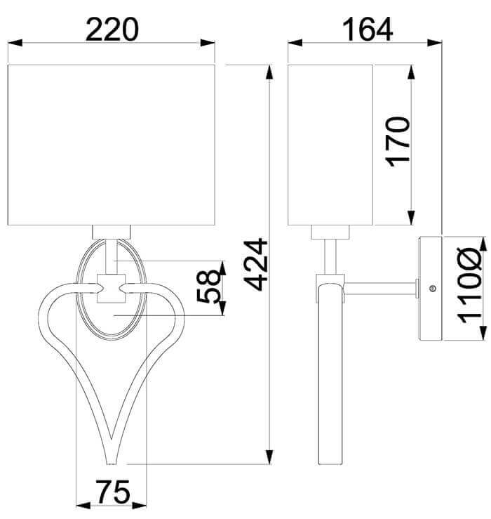 Schéma technique coté montrant hauteur, largeur et diamètre du luminaire