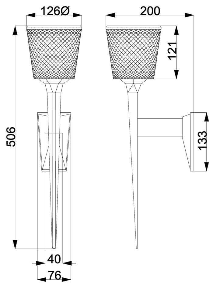 Schéma technique coté montrant hauteur, diamètre et profondeur de l'applique