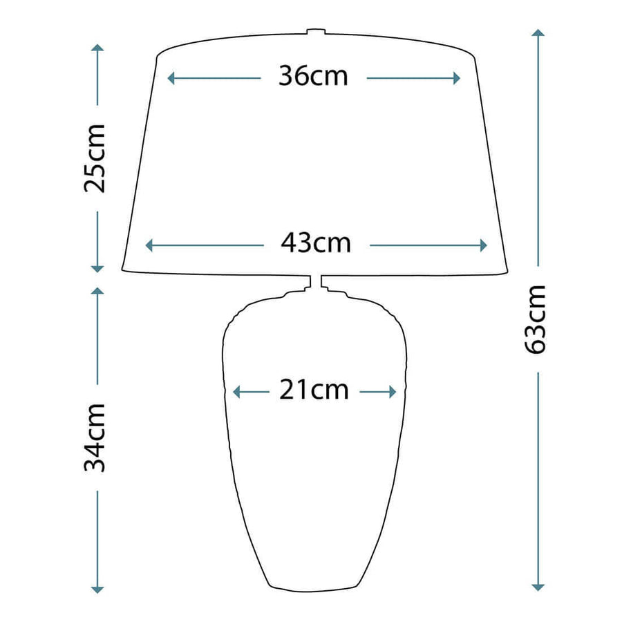 Schéma technique coté avec dimensions de l'abat-jour et du pied.