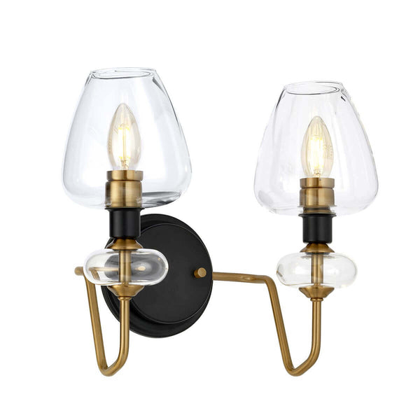 Applique murale Armand 2 lumières laiton vieilli et noire, verre