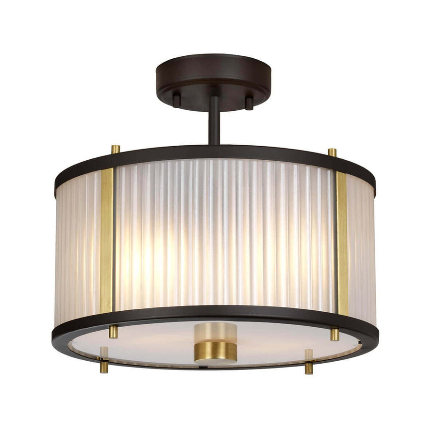 Vue de trois-quarts basse du luminaire montrant le raccord plafond, la tige et l'abat-jour