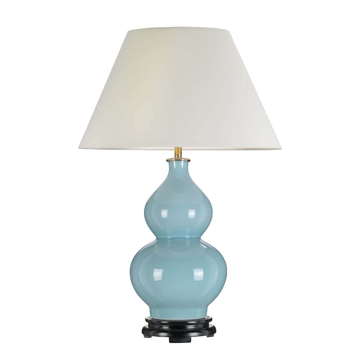 Vue de face du luminaire, coloquinte en céramique bleu clair sur socle noir