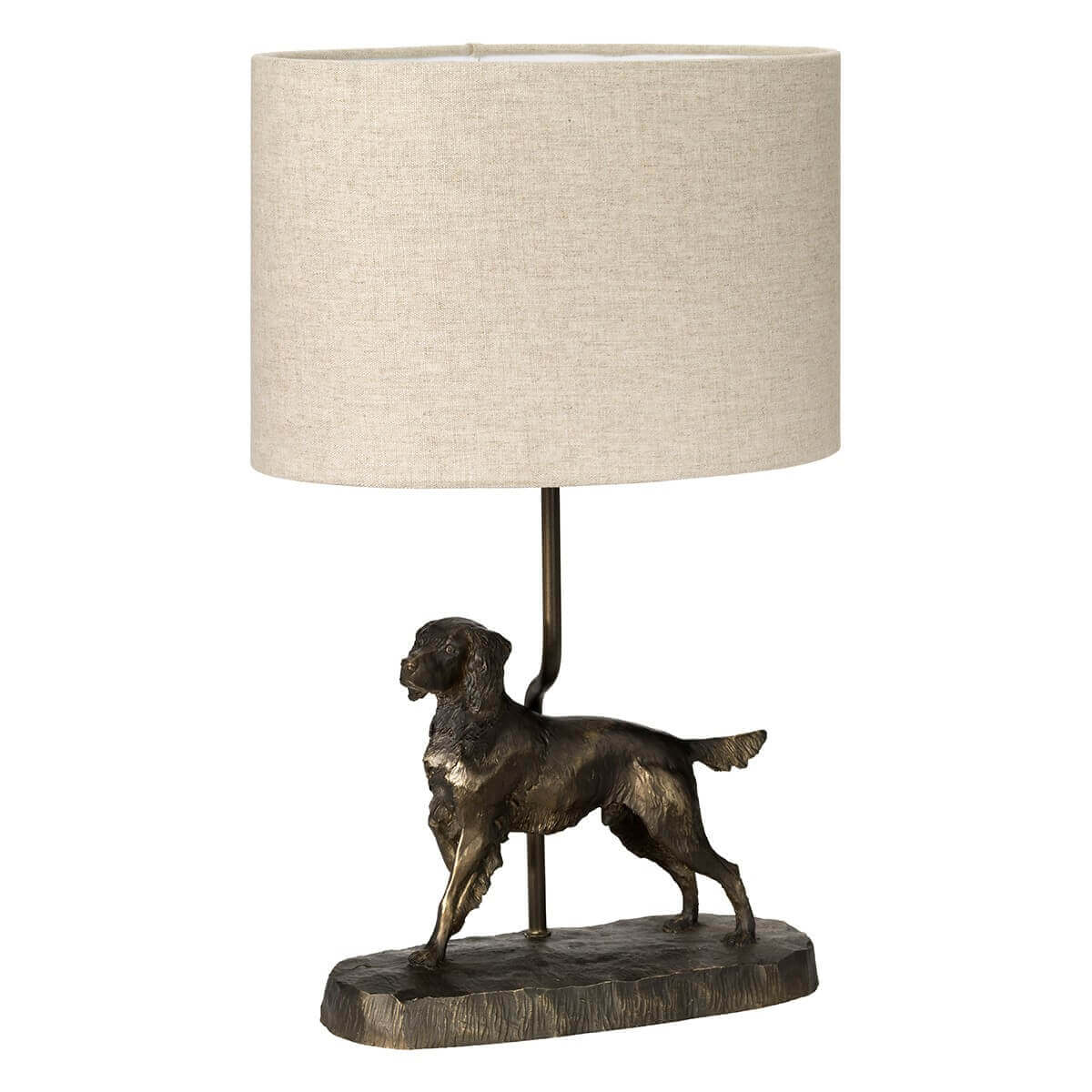 Vue rapprochée du socle sculpté figurant un chien de chasse en bronze