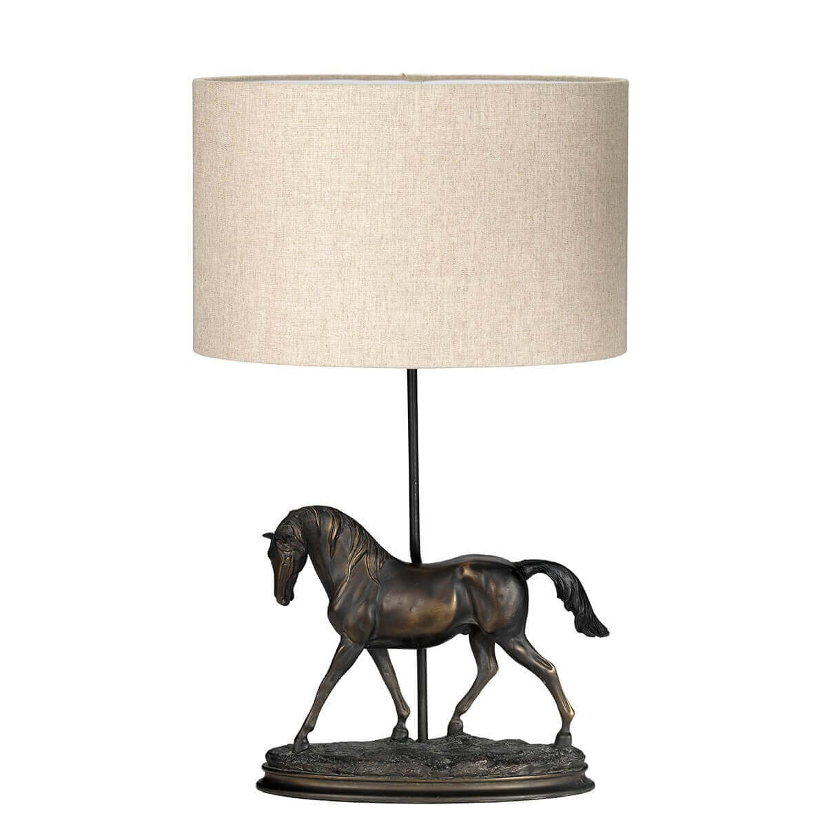 Vue de face du luminaire : abat-jour cylindrique et cheval sculpté sur socle