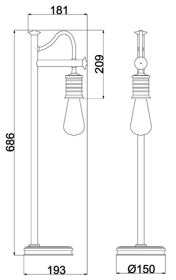 Schéma technique coté indiquant la hauteur et la largeur du luminaire
