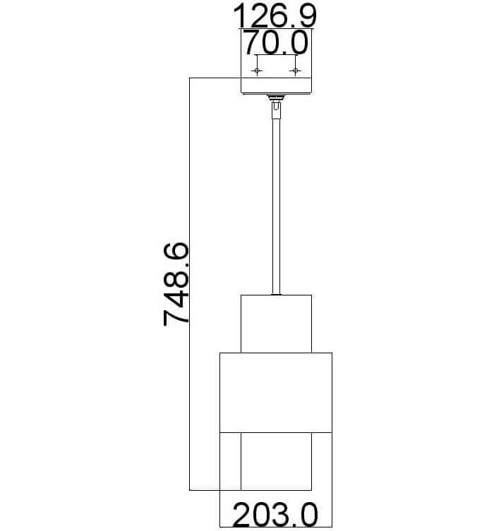 Schéma technique coté du luminaire : hauteur totale 748,6 mm et largeur 203 mm