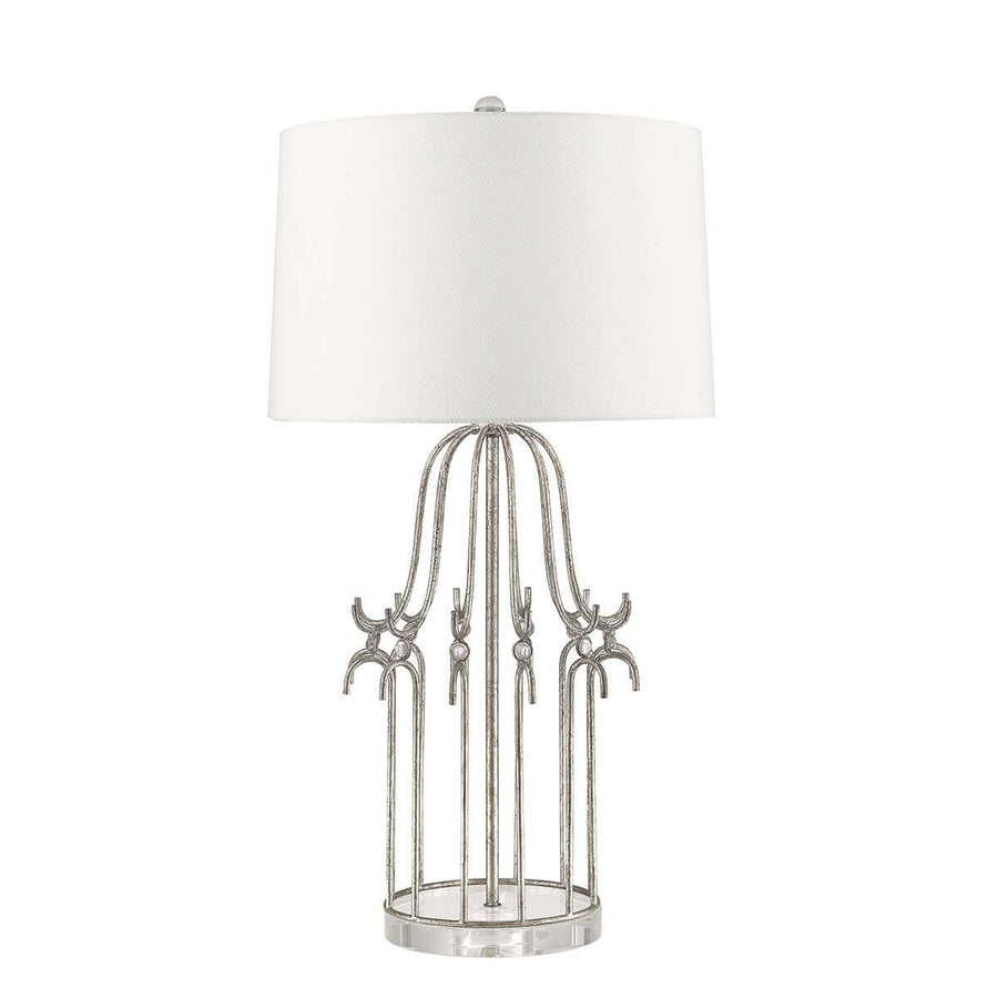 Lampe à poser de face, base métallique ajourée argentée et abat-jour cylindrique crème