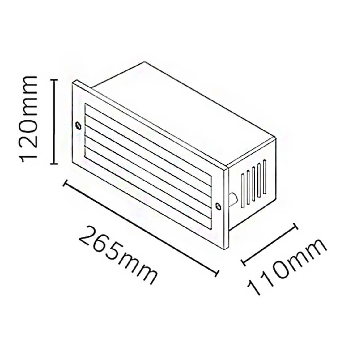 Schéma technique coté d'un boîtier rectangulaire noir à lamelles, dimensions indiquées.