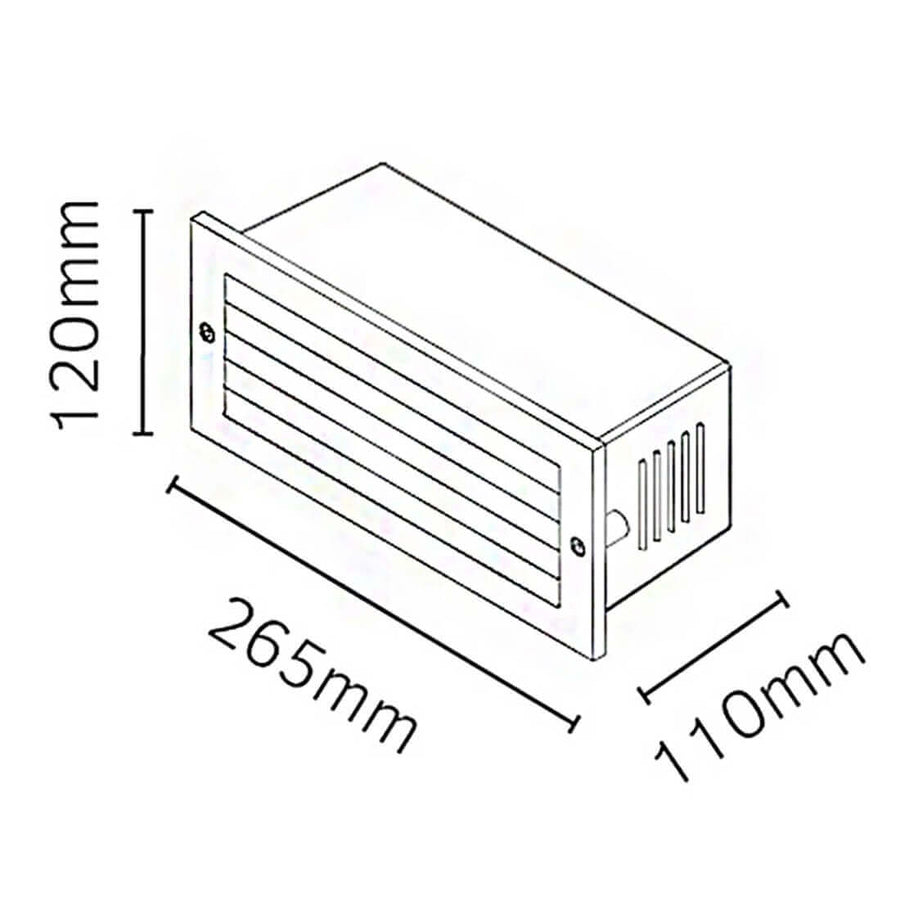 Schéma technique coté d'un boîtier rectangulaire noir à lamelles, dimensions indiquées.