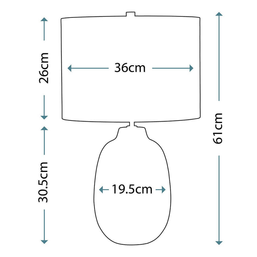 Schéma coté du luminaire indiquant 61 cm de hauteur et 36 cm de diamètre