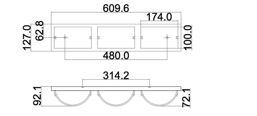 Schéma technique coté montrant largeur, hauteur et entraxe des trois diffuseurs de l'applique