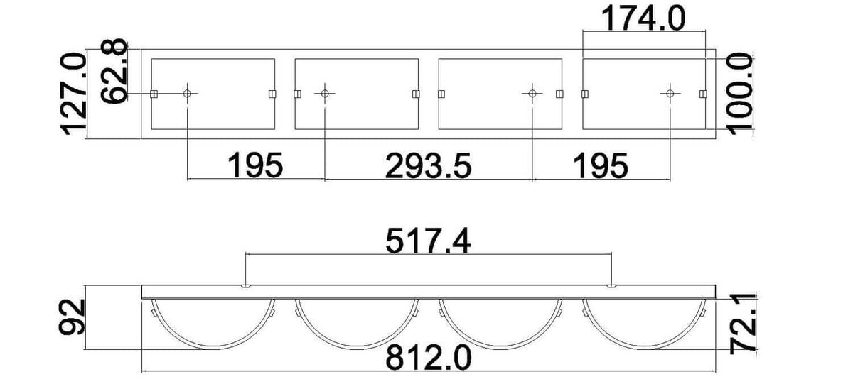 Schéma de dimensions coté montrant la platine, l'écartement et la hauteur des abat-jours