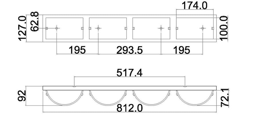 Schéma de dimensions coté montrant la platine, l'écartement et la hauteur des abat-jours