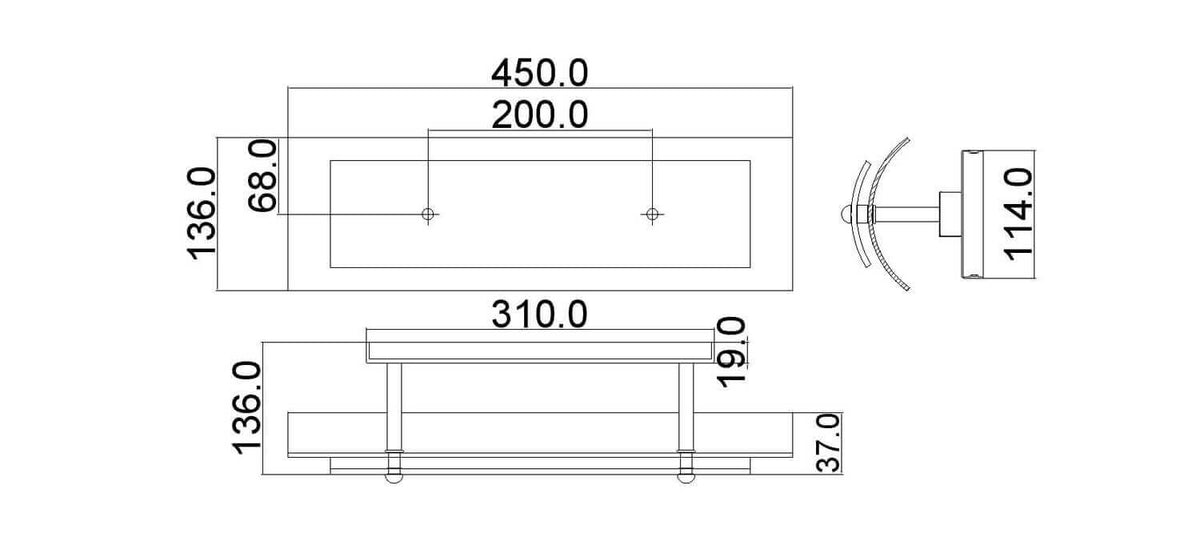 Schéma de dimensions cotées : 450 mm de large, 136 mm de haut, vue de profil