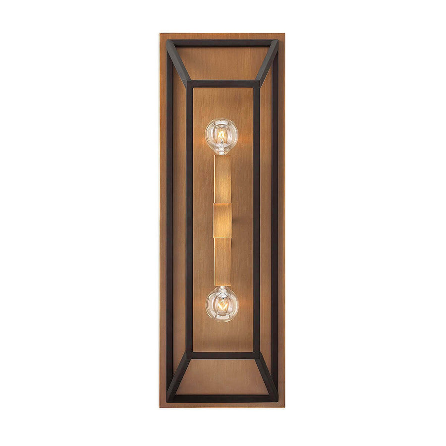 Applique murale rectangulaire de face, deux ampoules en verre sur tige centrale bronze