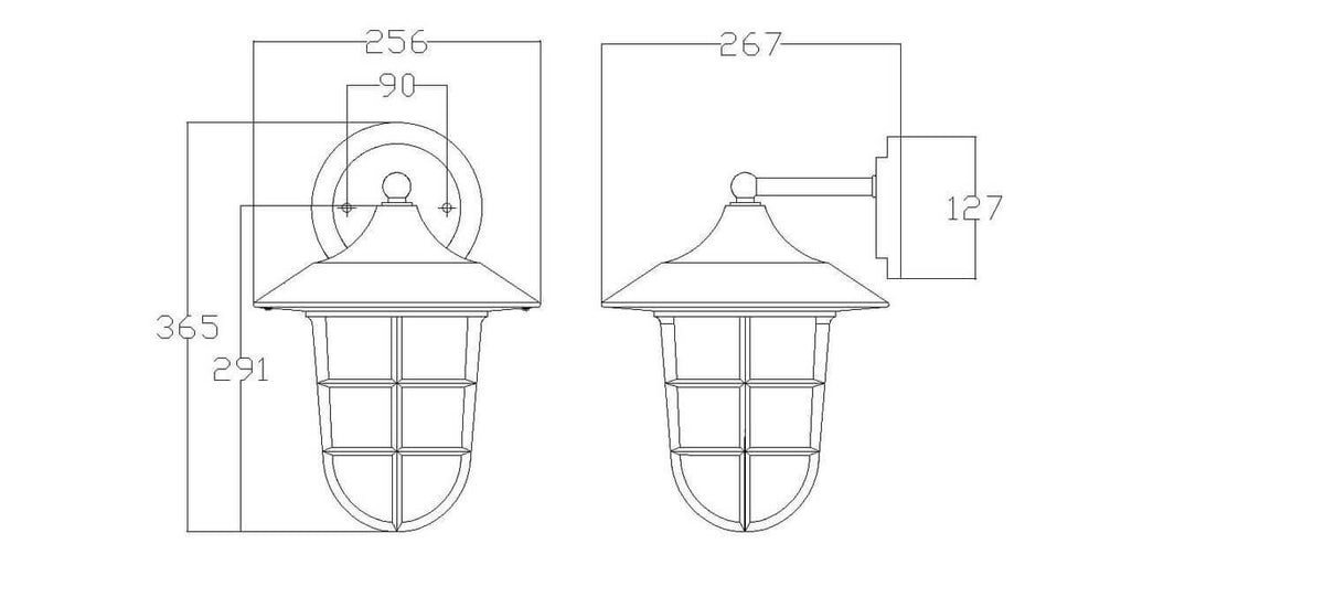 Schéma coté de l'applique vu de face et de profil avec hauteur et profondeur