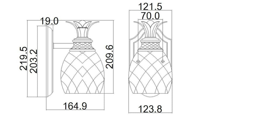 Schéma coté de l'applique vue de face et de profil avec dimensions