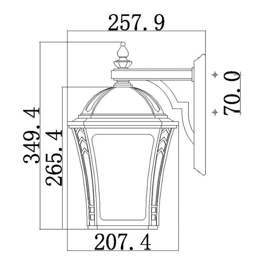 Schéma coté de l'applique : hauteur totale 349,4 mm et profondeur 257,9 mm