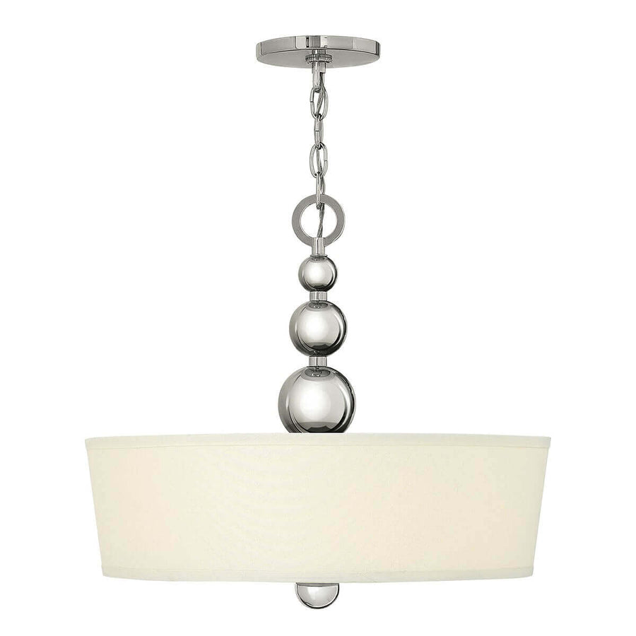 Produit de face : suspension en nickel poli avec chaîne à anneaux et boules, abat-jour blanc.