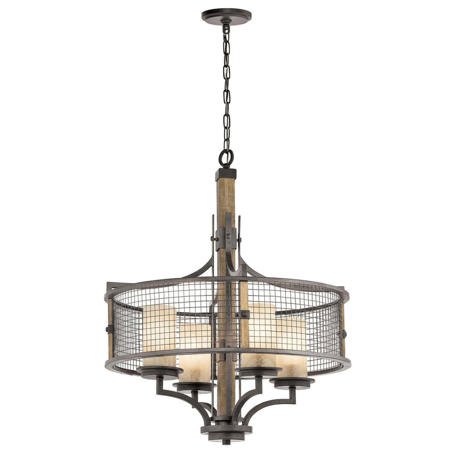 Vue d'ensemble du lustre suspendu à quatre lumières, structure cylindrique en bois et métal grillagé