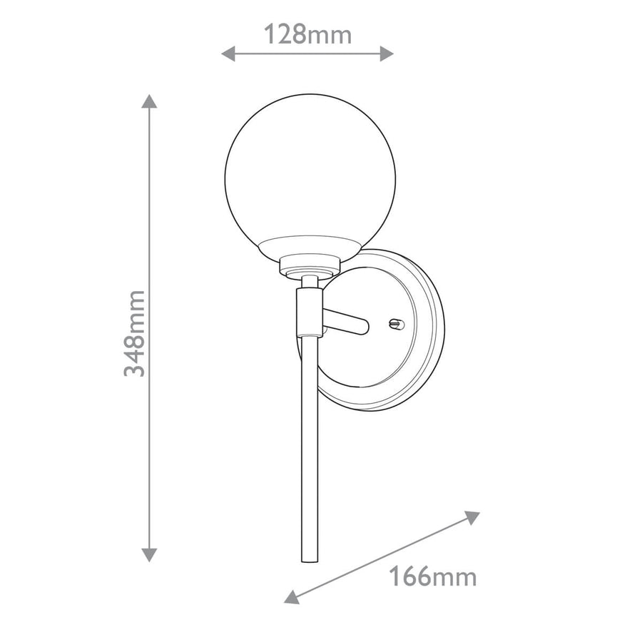Schéma coté de l'applique avec largeur 128 mm, hauteur 348 mm et profondeur 166 mm.