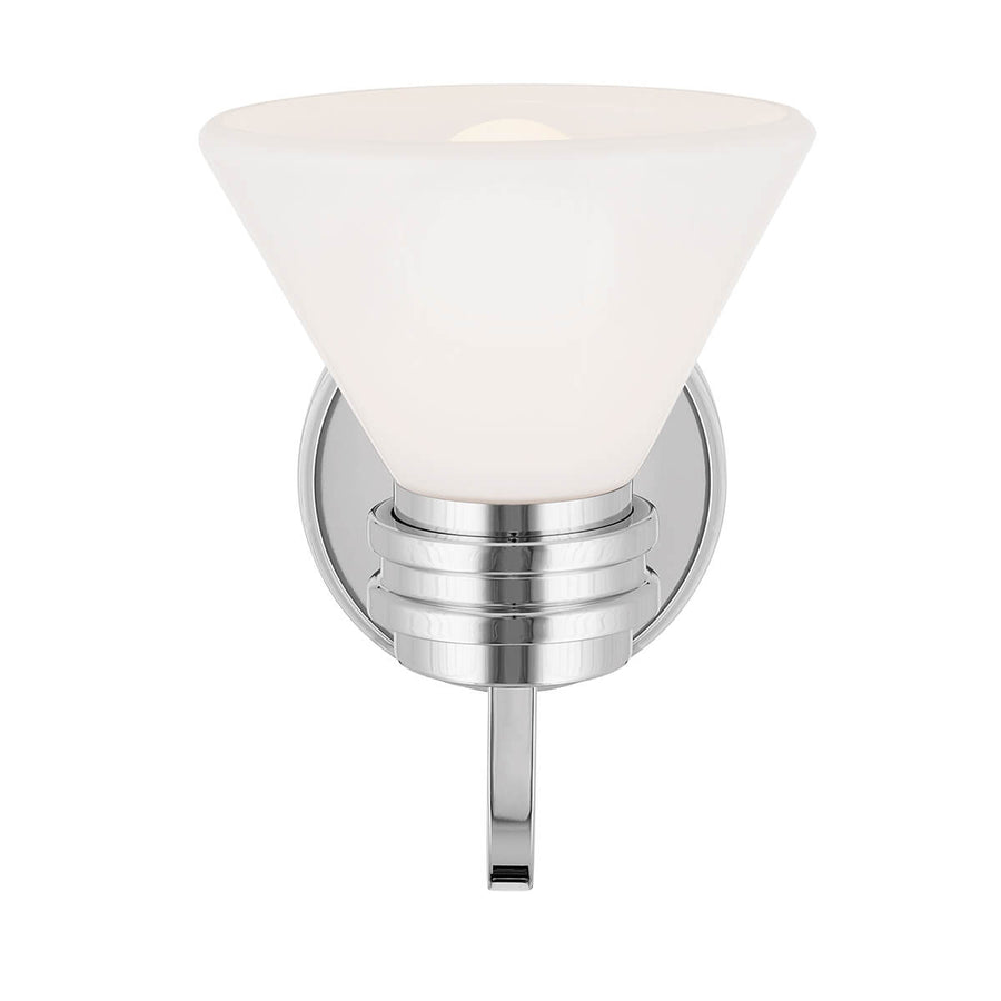 Autre angle de l'applique chromée dévoilant le dessous du diffuseur en verre opalin.