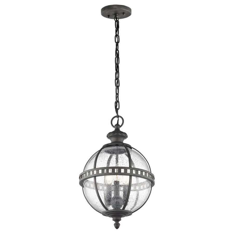 Suspension extérieure sur chaîne, lanterne boule en verre grénelé et métal foncé, vue de face