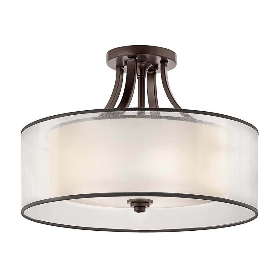 Plafonnier vu de face sur fond blanc, double abat-jour cylindrique bronze et verre