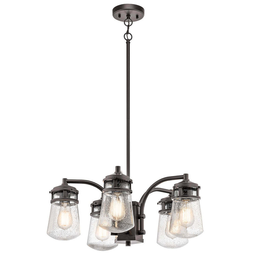 Luminaire suspendu à cinq lumières en bronze avec verres graine de verre, sur fond blanc