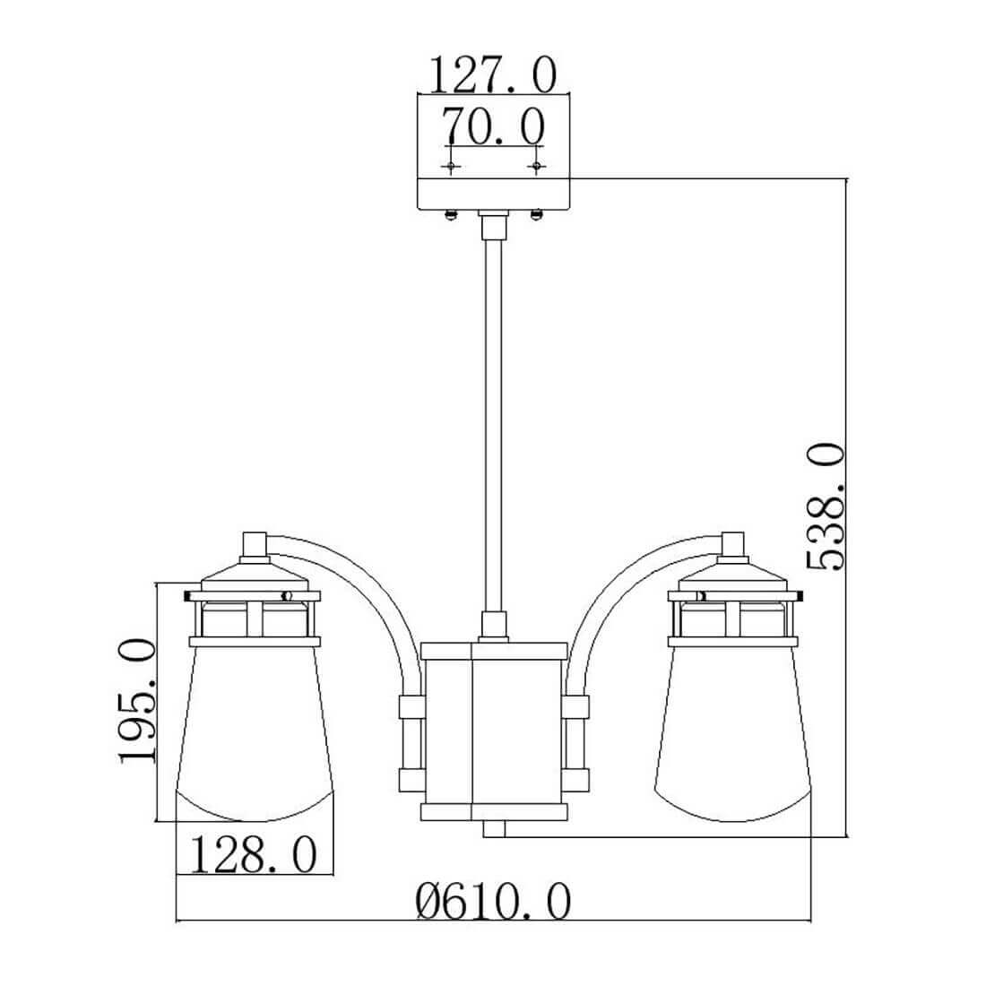 Schéma technique coté du luminaire avec hauteur et diamètre de suspension