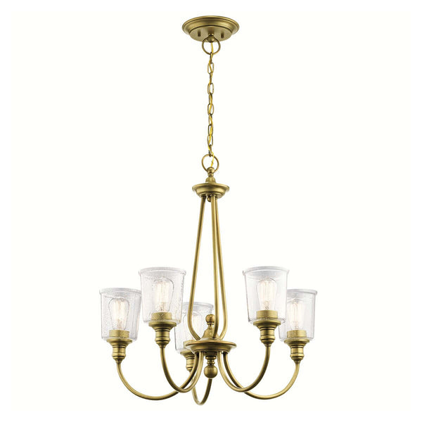 Lustre Waverly 5 lumières bois et laiton, verre