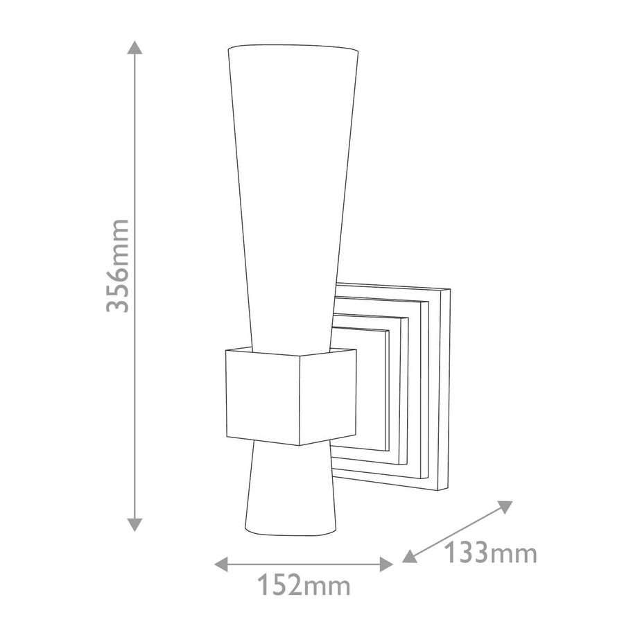 Schéma coté : 356 mm de hauteur, 152 mm de largeur et 133 mm de profondeur.