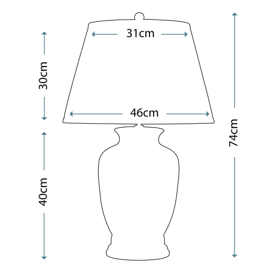 Schéma coté de la lampe avec dimensions de l'abat-jour et du pied en centimètres.
