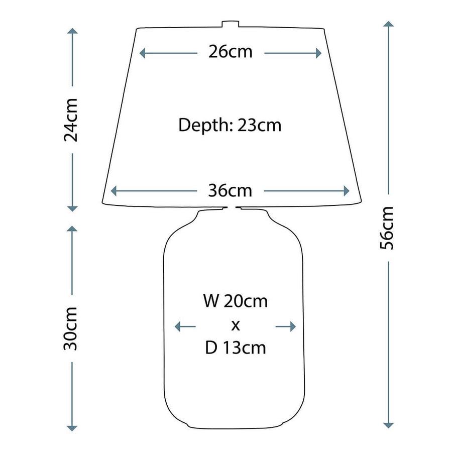 Schéma coté avec hauteur totale, dimensions de l'abat-jour et du socle