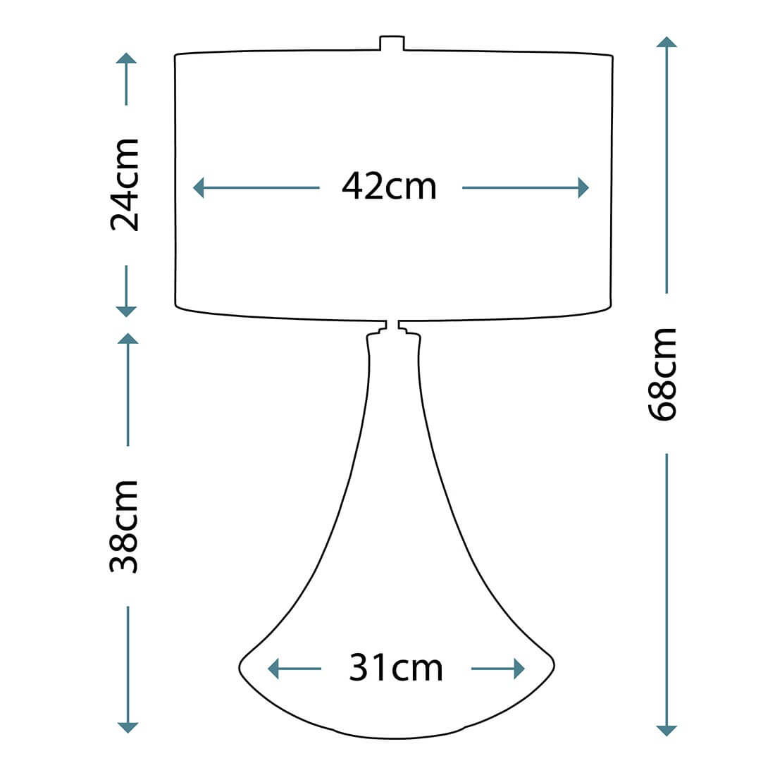 Schéma coté de la lampe avec hauteur totale et diamètre de l'abat-jour