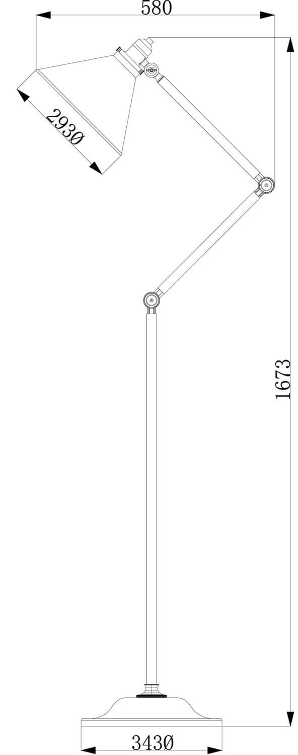 Schéma coté du lampadaire indiquant hauteur, largeur et dimensions de l'abat-jour.