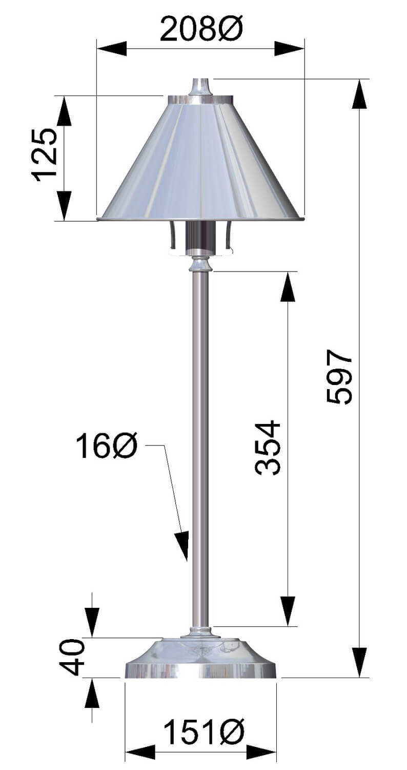 Schéma coté du luminaire avec hauteur totale, diamètre de l'abat-jour et base
